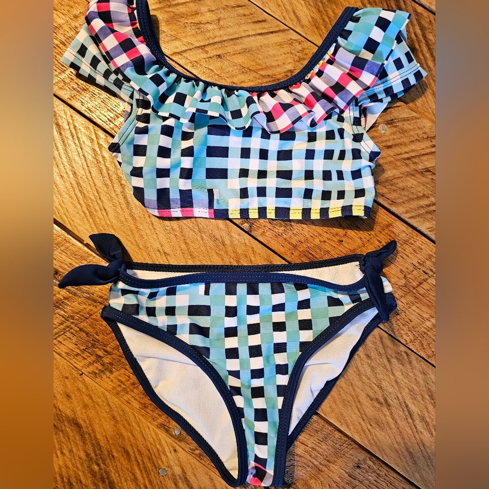 Blue and Green Gingham Bikini with Ruffle Detail